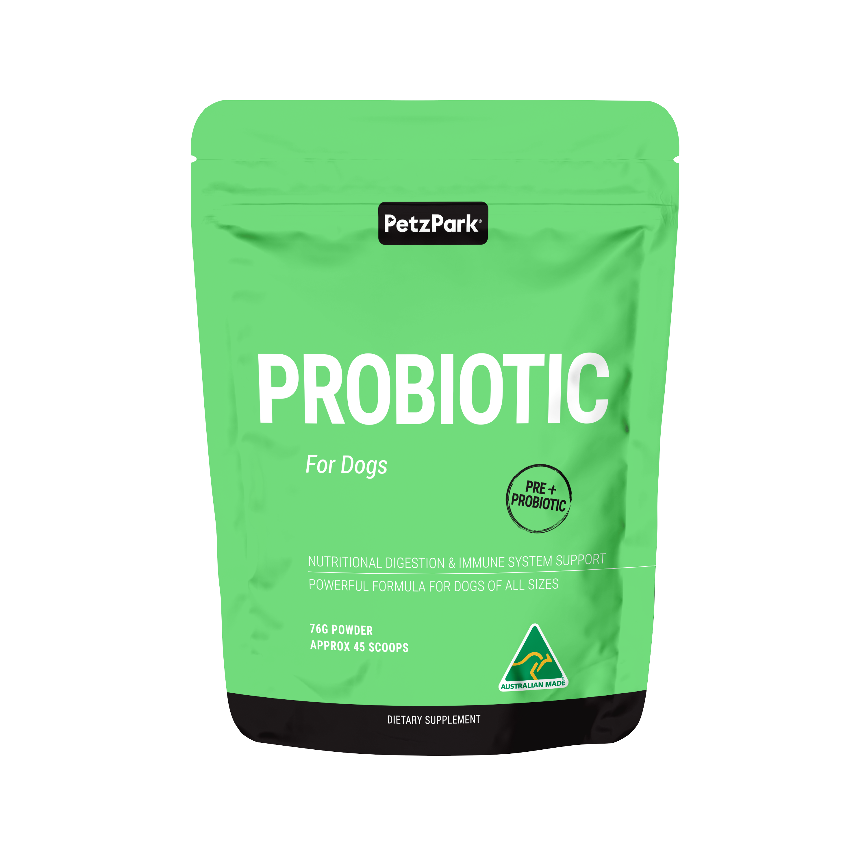 Petz Park Probiotics for Dogs is a powder supplement for gut health, allergies, immune health, and reducing paw-licking 